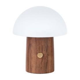 Mushroom-shaped table lamp with dark walnut wood base, frosted white dome shade, and small brass button detail