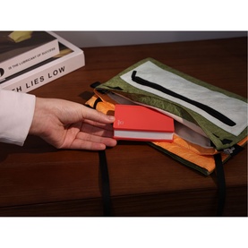 Gingko Coral Red light being slid into an open olive green travel pouch on a wooden surface beside books