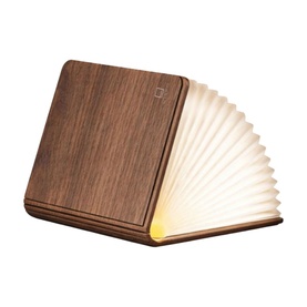 Gingko Smart Book Light in Walnut Finish, open to reveal warm LED glow between accordion-style white paper pages