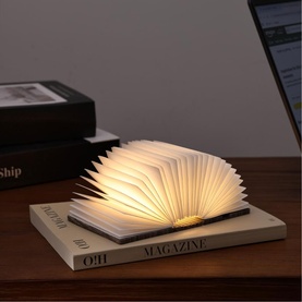 Gingko book-shaped LED light in walnut finish, open and glowing warm white, styled on stacked magazines on a wooden desk