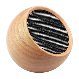 Gingko spherical wireless speaker in natural wood finish with circular black mesh grille front