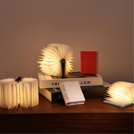 Gingko Space Black book-shaped LED lamp displayed open alongside multiple sizes on a wooden surface, emitting warm ambient light