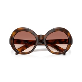Tortoiseshell round-frame sunglasses with oversized lenses and brown tinted lenses, shown folded from the front