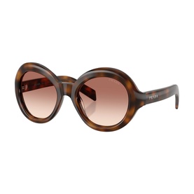 Prada round oversized sunglasses in tortoiseshell acetate with gradient brown lenses and gold Prada lettering on temple
