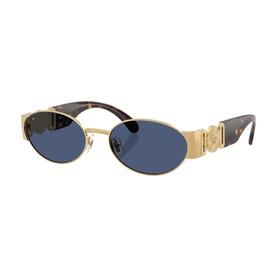 Versace sunglasses in gold-tone metal with oval blue lenses, Medusa logo detail, and tortoiseshell arms