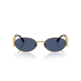 Versace gold metal oval sunglasses with blue lenses and gold-tone logo detail temples, front view