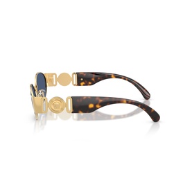 Versace sunglasses in gold-tone metal with tortoiseshell arms, blue lenses, and Medusa detail, shown from rear angle