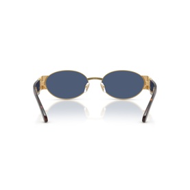 Versace gold oval sunglasses, rear view showing blue lenses, gold frame temples with logo detailing and tortoiseshell tips