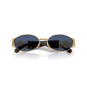 Versace gold oval-frame sunglasses with dark blue lenses and tortoiseshell temple tips, folded flat