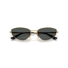 Vogue gold cat-eye sunglasses with dark grey lenses and slim metal frame, temple tips in black