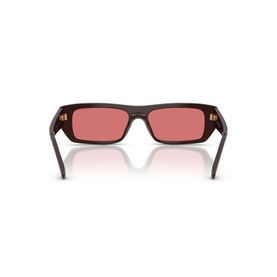 Vogue brown rectangular sunglasses, rear view showing thick temples with gold-tone hardware and pink-tinted lenses