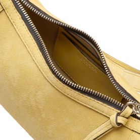 Isabel Marant straw yellow suede leather crossbody bag, open zip showing interior, with silver-tone zip hardware