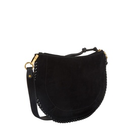 Isabel Marant black suede leather shoulder bag with gold-tone hardware, whipstitch trim detailing, and adjustable crossbody strap