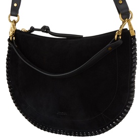 Isabel Marant black suede leather shoulder bag with gold-tone hardware, studded detailing along the curved base, and adjustable crossbody strap