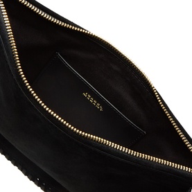 Isabel Marant black leather shoulder bag interior view, showing gold-tone zip, smooth black lining and interior flat pocket.