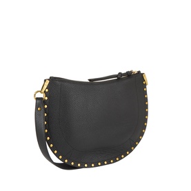 Isabel Marant Oskan Soft Zip Crossbody Bag in black grained leather with gold-tone stud embellishment, zip fastening and adjustable strap