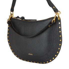Isabel Marant Oskan Soft Zip Crossbody Bag in black grained leather with gold-tone stud embellishment, adjustable shoulder strap, curved silhouette