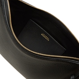 Isabel Marant Oskan Soft Zip Crossbody Bag in black grained leather, gold-tone zip, open interior showing branded card slot