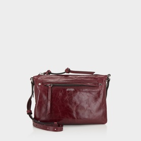 Isabel Marant Winna Duo Shoulder Bag in burgundy glossy leather, silver-tone hardware, front zip pocket, adjustable crossbody strap