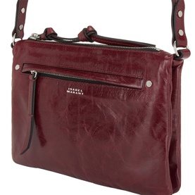 Isabel Marant Winna Duo Shoulder Bag in burgundy leather, silver-tone hardware, front zip pocket, stud embellishments, adjustable crossbody strap
