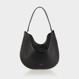 Isabel Marant black leather hobo bag with gold studded trim along edges and single top handle
