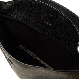 Isabel Marant black leather hobo bag interior view, showing gold-tone zip pocket and suede-effect lining