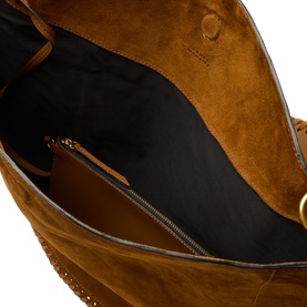 Isabel Marant Oksan Hobo Shoulder Bag in cognac suede, open top view showing yellow interior lining and zipped inner pocket