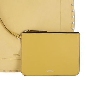 Isabel Marant Oksan Hobo Shoulder Bag in Straw yellow leather, close-up showing studded trim detail and matching zip pouch with gold hardware