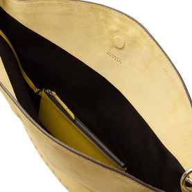 Isabel Marant Oksan Hobo Shoulder Bag in Straw, interior view showing mustard yellow zip pocket and suede lining