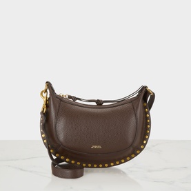Isabel Marant Oskan Moon Shoulder Bag in coffee grained leather, gold-tone stud trim, zip top, adjustable crossbody strap