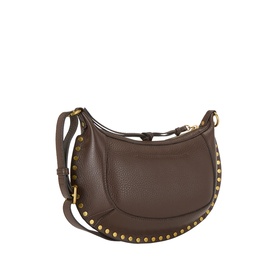 Isabel Marant Oskan Moon Shoulder Bag in coffee grained leather with gold stud embellishment, curved silhouette, and adjustable crossbody strap