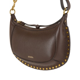 Isabel Marant Oskan Moon Shoulder Bag in coffee grained leather, gold-tone studs along base, adjustable shoulder strap, curved silhouette
