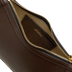 Isabel Marant Oskan Moon Shoulder Bag in coffee grained leather, open interior view showing gold zip fastening and branded logo lining