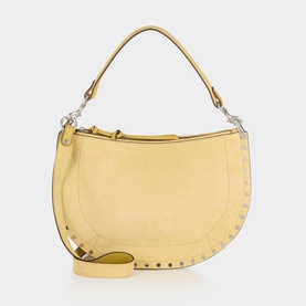 Isabel Marant Oksan Zip Shoulder Bag in straw leather, silver-tone hardware, stud trim detailing, top handle and detachable crossbody strap