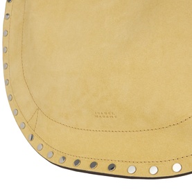 Isabel Marant Oksan Zip Shoulder Bag in straw suede leather, silver-tone stud trim detailing and embossed logo, close-up detail shot