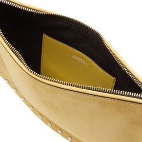 Isabel Marant Oksan Zip Shoulder Bag in Straw, open interior view showing yellow card slot pocket and gold zip fastening