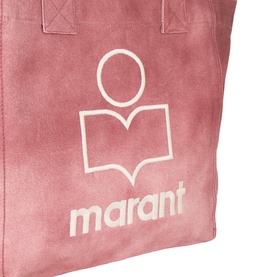 Isabel Marant raspberry cotton tote bag with white logo print, short handles, close-up detail shot