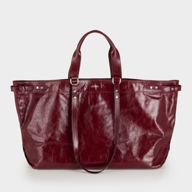 Isabel Marant Winna Tote Bag in burgundy crinkled leather with silver-tone hardware, dual carry handles and detachable shoulder strap