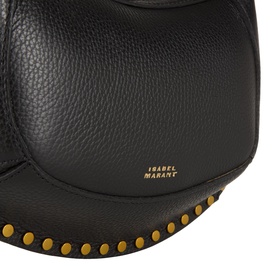 Isabel Marant black pebbled leather shoulder bag with gold-tone logo stamp and mustard yellow stud trim detail along base edge.