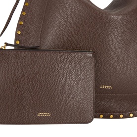 Isabel Marant coffee leather hobo bag with gold stud trim, shown with matching small zip pouch. Pebbled texture, gold logo detail.