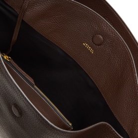 Isabel Marant coffee leather hobo bag interior showing zip pocket and gold-tone branded hardware detail