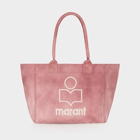 Isabel Marant raspberry cotton tote bag with white logo print and twin top handles, structured silhouette