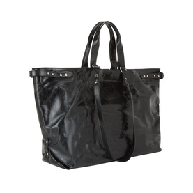 Isabel Marant black leather tote bag with dual top handles, detachable shoulder strap, and silver stud hardware detailing.