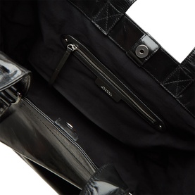 Isabel Marant black leather tote bag interior view showing zip pocket, black lining and silver-tone hardware detail