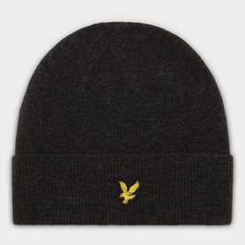 Lyle & Scott black lambswool blend beanie with ribbed folded cuff and embroidered gold eagle logo.