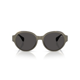 Khaki round-frame sunglasses with dark grey lenses and black temple tips, front-facing view