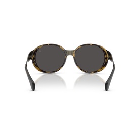 Tortoiseshell round sunglasses, rear view showing dark grey lenses, patterned frame with black temples