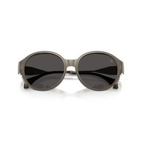 Khaki green round-frame sunglasses with dark grey lenses and subtle logo detail on temple