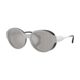 Moncler silver round sunglasses with mirrored lenses, side shields, and black temple arms