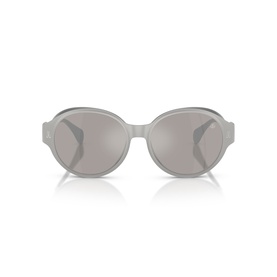 Moncler silver sunglasses with round mirrored lenses and chunky integrated frame, front-facing product view